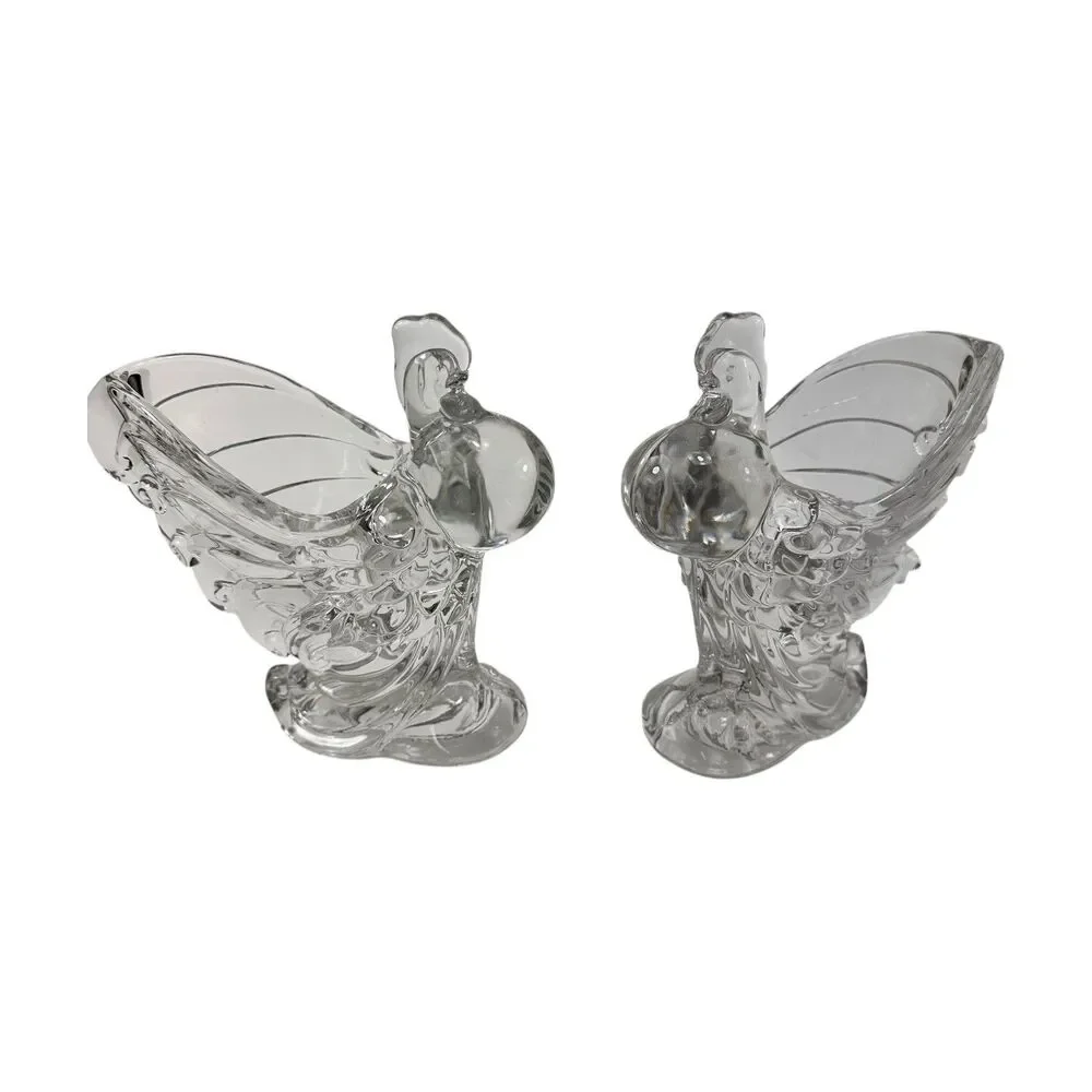 2 Vintage Heisey Glass Clear Chanticleer Rooster Chicken Animal 6